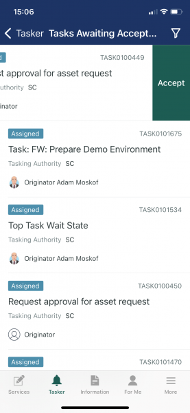 Viewing Tasker mobile tasks awaiting acceptance screen